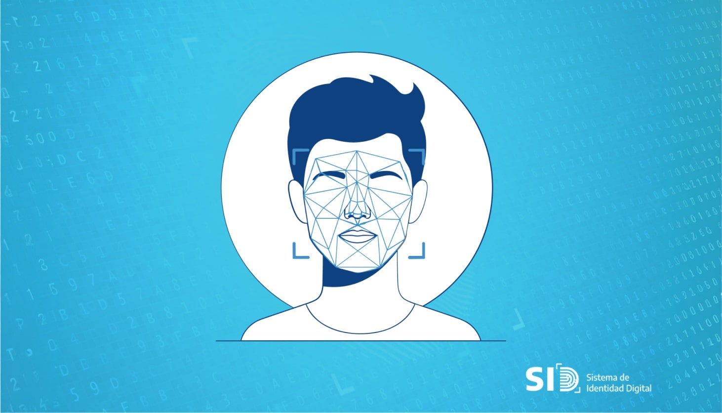 Imagen representativa del rostro de un hombre sobre un fondo celeste, mostrando cómo funciona el sistema de monitoreo digital para el reconocimiento facial.