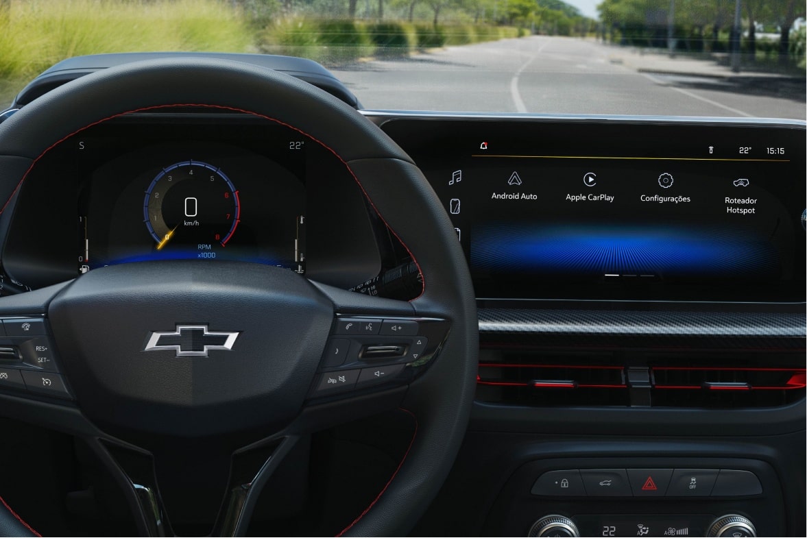 Interior del Chevrolet Onix Plus 2027 con tablero digital y pantalla MyLink mostrando Android Auto Apple CarPlay y conectividad en Argentina