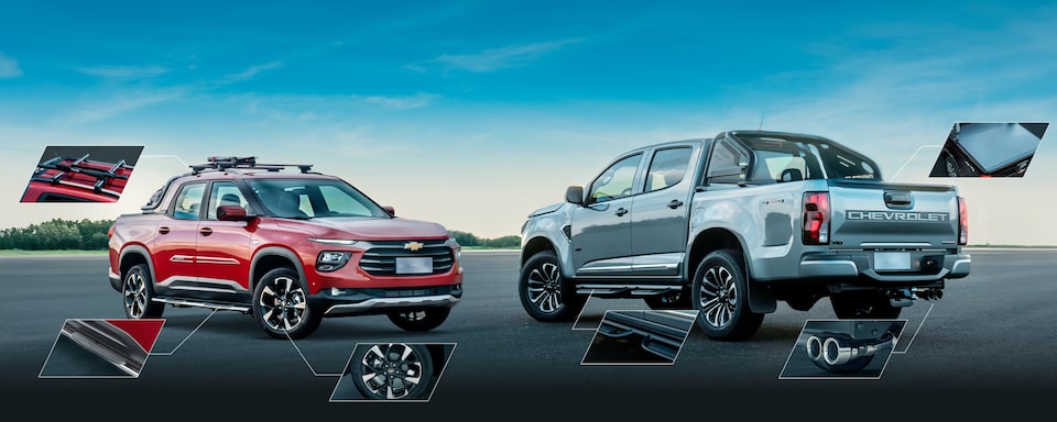 Imagen de una Chevrolet Montana estacionada al lado de una Chevrolet S10, con graficos que destacan diferentes accesorios para estos vehículos, acompañadas por el texto: Tu Chevrolet,  ¡aún más a tu gusto!