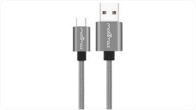 Accesorio de cable trenzado USB a USB-C en color gris, resistente y diseñado para cargar dispositivos de última generación en la nueva Chevrolet Spin en Argentina.