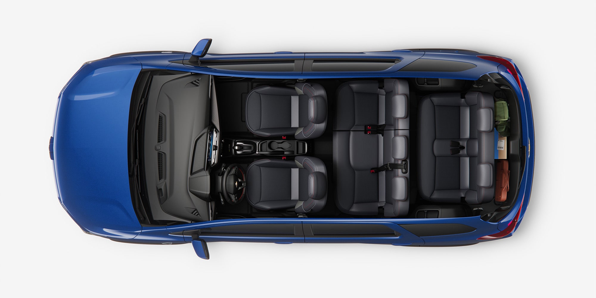 Vista superior del Chevrolet Spin 2026, destaca el espacio total y la distribución perfecta para familias y viajes largos.