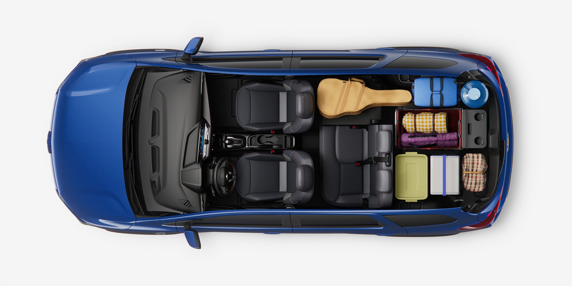 Vista superior del Chevrolet Spin 2026 con equipaje de viaje, muestra su gran capacidad y versatilidad para aventuras familiares.