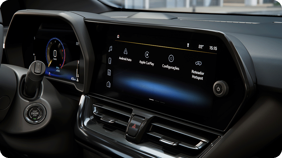 Panel multimedia del Chevrolet Spin 2026, conectividad avanzada y pantalla táctil para una experiencia de conducción moderna y segura.