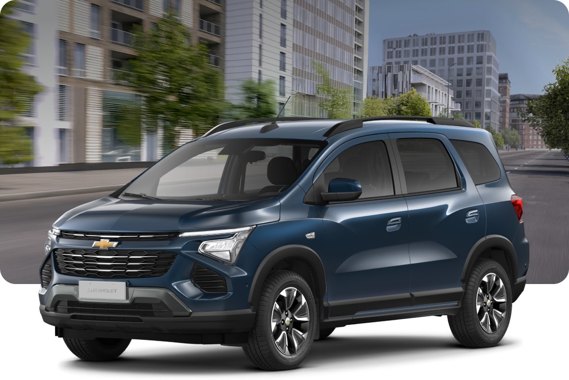 Vista en ángulo de tres cuartos frontal de la Chevrolet Spin 2027 versión Premier color azul oscuro con transmisión automática, hasta 7 asientos y llantas de aleación de 16 pulgadas en Argentina.