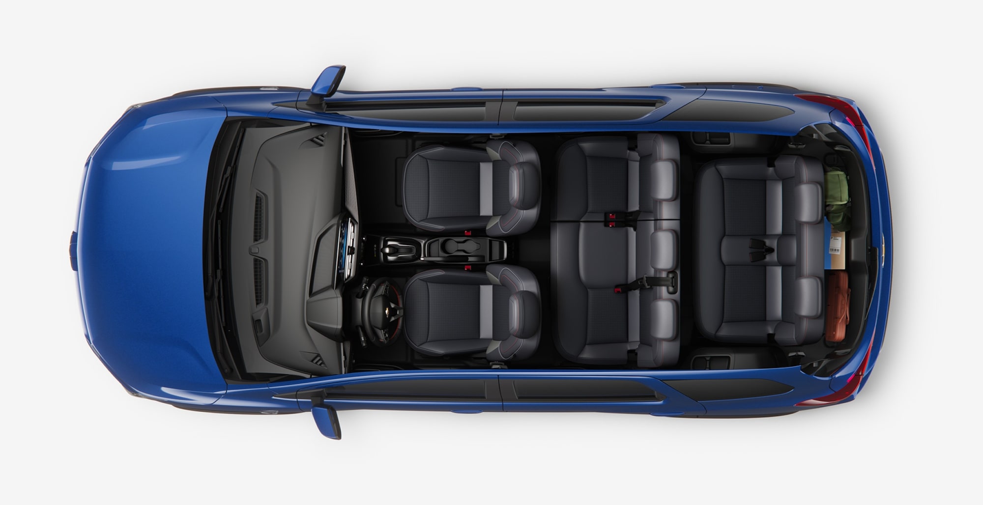  Vista cenital de la Chevrolet Spin 2027 azul mostrando la distribución de 3 filas de asientos y espacio de carga en el baúl en Argentina.