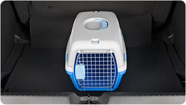 Accesorio de caja transportadora pequeña ubicada en el baúl de la SUV Chevrolet Trailblazer, ideal para el traslado de mascotas pequeñas en Argentina.
