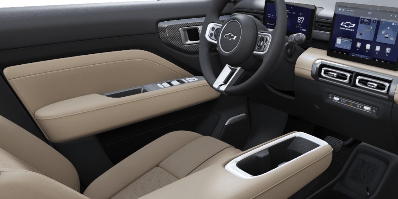 Cabina beige premium del Chevrolet Spark EUV, tecnología avanzada y confort en cada trayecto