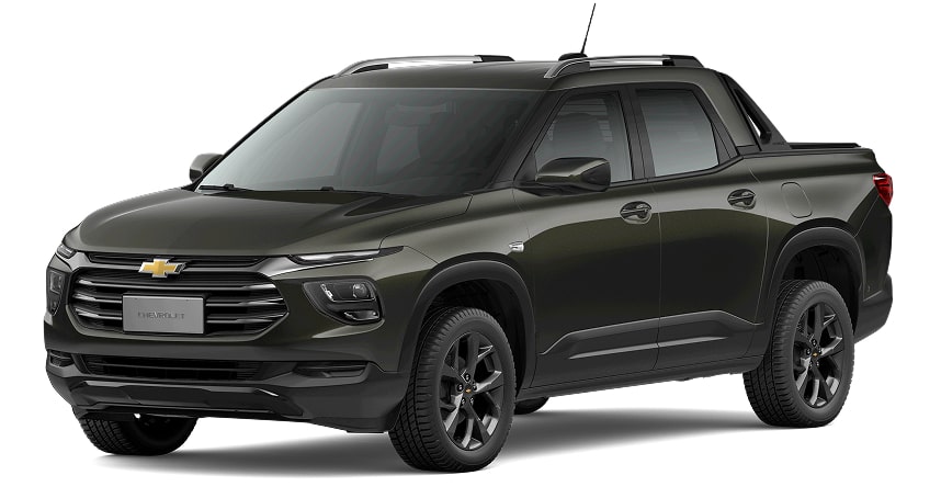 Chevrolet Montana Premier 2025 en color verde oscuro, vista frontal lateral