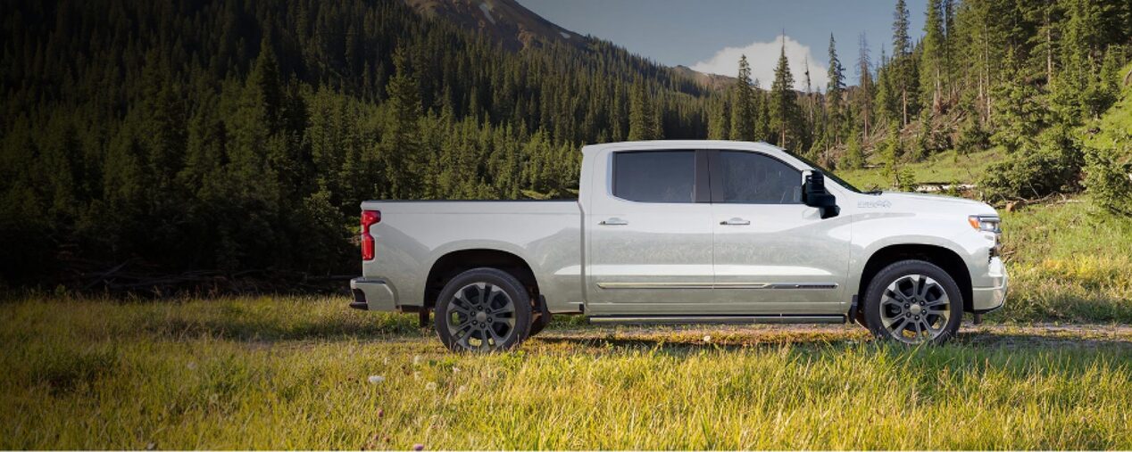 Imagen lateral de la nueva Chevrolet Silverado, en medio de un campo con montañas al fondo.