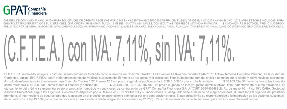 Chevrolet - Tracker financiá a 12 meses en Enero