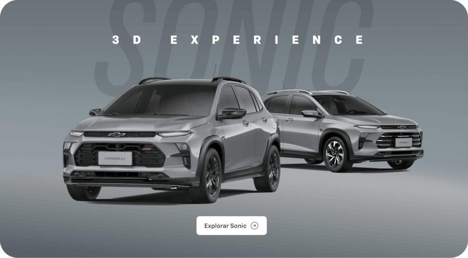 Dos Chevrolet Sonic plateados en una composición sobre fondo gris. En la parte superior, el texto Sonic 3D Experience. En la zona inferior central, un botón clicable con el texto Explorar Sonic.