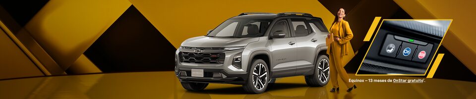 Banner do Chevrolet Equinox cinzento-prateado, com uma mulher sorridente vestida com um conjunto amarelo ao fundo. À direita, detalhe dos botões do sistema OnStar no interior do veículo. Texto: Equinox - 13 meses de OnStar gratuito.