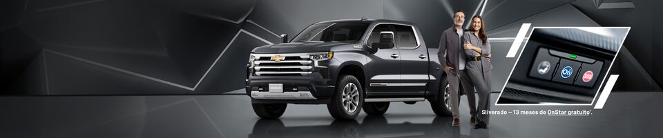 Propaganda da Chevrolet apresentando uma picape prata sobre fundo geométrico cinza.