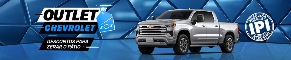 Fundo geométrico azul com carro exposto. O texto destaca Outlet Chevrolet, descontos para zerar o pátio. E um selo com a informação de IPI reduzido