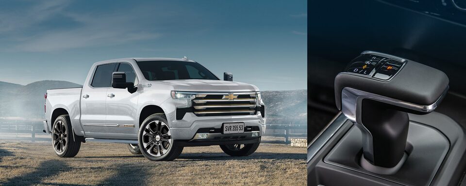 Imagem com duas fotos: à esquerda, uma Silverado na cor Cinza Rush, em uma estrada de terra; à direita, uma imagem interna focando no câmbio automático.