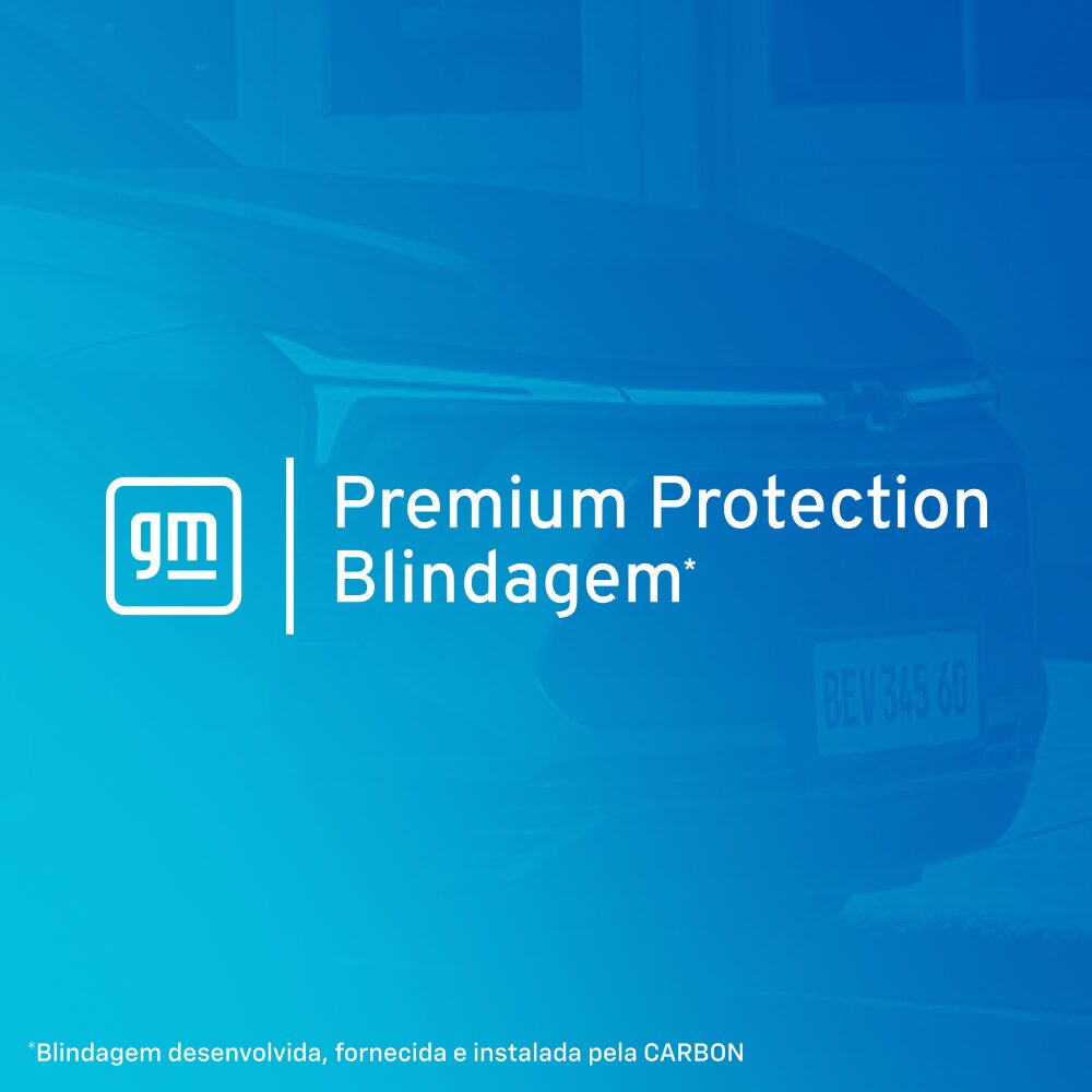 Logotipo GM com o texto Premium Protection Blindagem sobre um fundo azul-esverdeado com a silhueta de um carro ao fundo.
