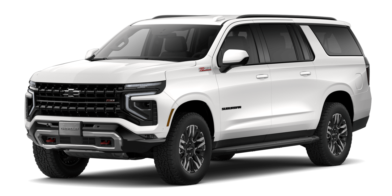 Chevrolet Suburban Z71 2025 color blanco, vista frontal lateral sobre fondo transparente para uso en catálogos o comparadores de modelos
