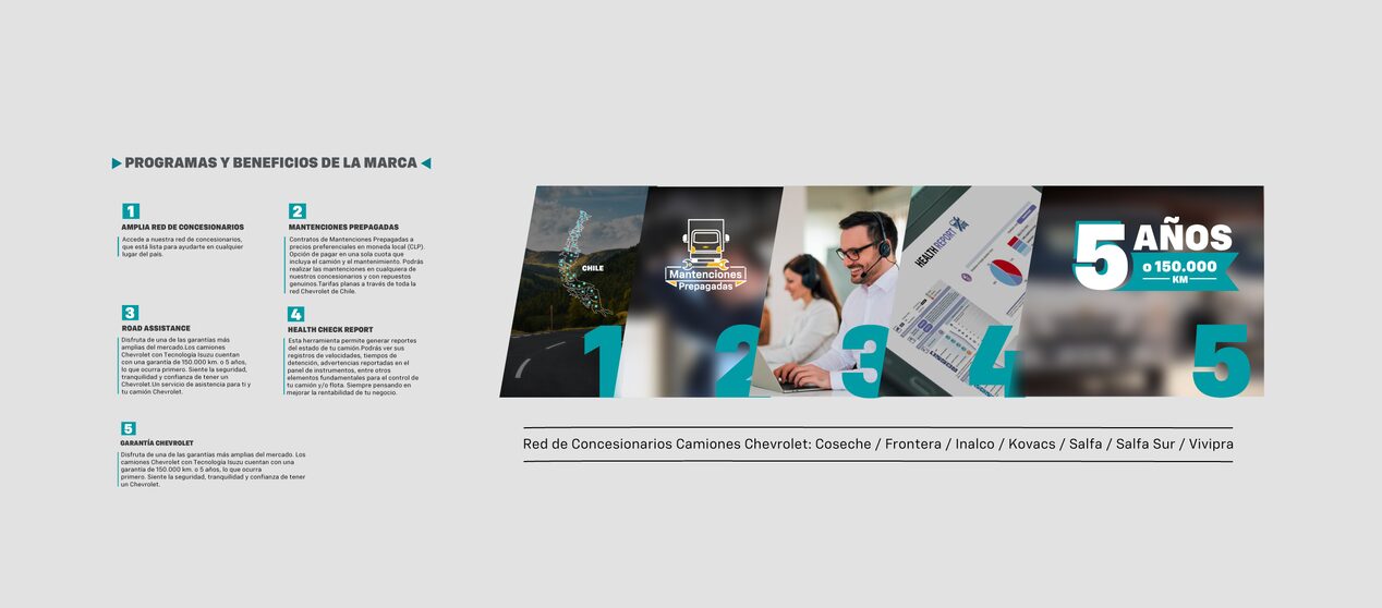 Beneficios Chevrolet Camiones: programas de mantenimiento, red de concesionarios, asistencia en ruta y garantía de 5 años o 150.000 km.