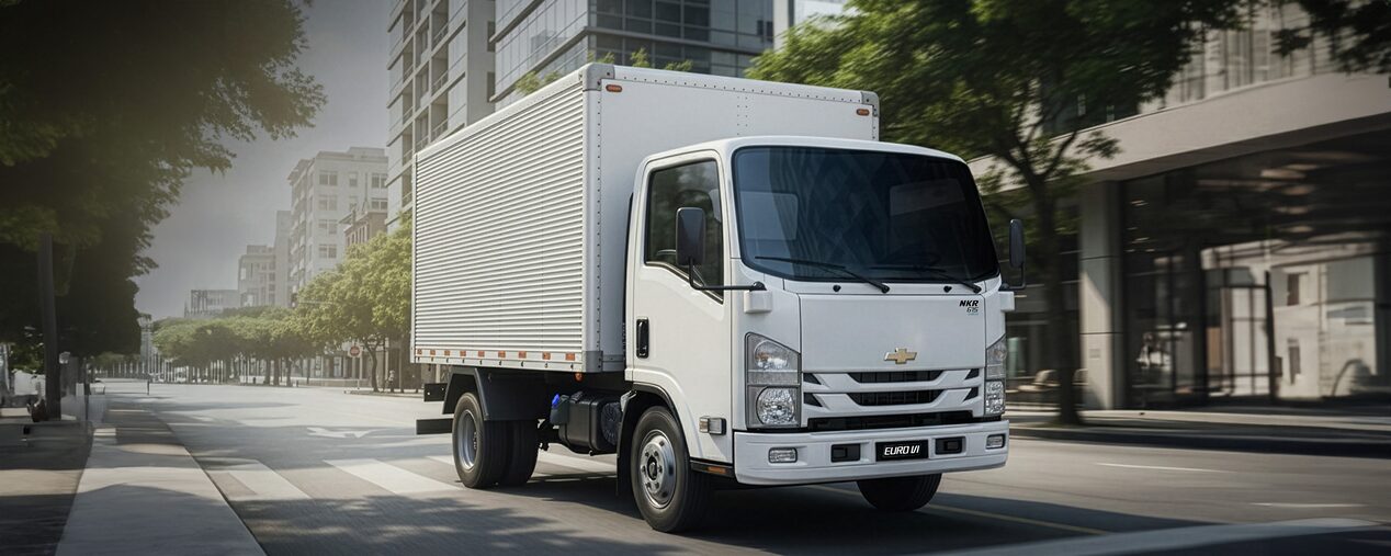 Imagen de un camión Chevrolet NRK Euro V1 circulando por el medio de una avenida en zona urbana, con edicifios y árboles al fondo.