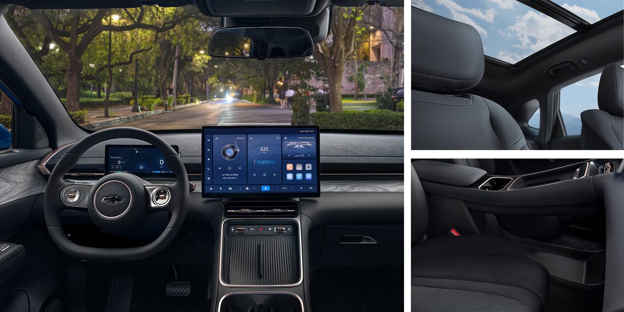 Collage de tres imgenes mostrando diferentes características de la Chevrolet Captiva PHEV como interior, asientos, volante y pantalla digital táctil.