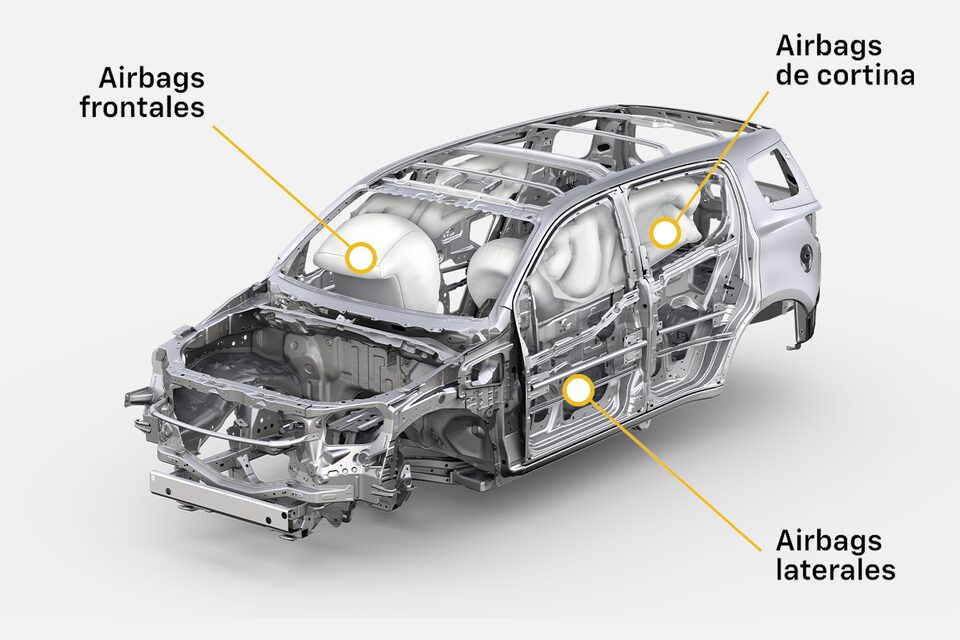 Vista superior del chasis de la Chevrolet Trailblazer mostrando todos los airbags que tiene.