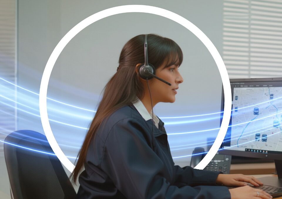 Asesora de servicio al cliente con auriculares, representando atención personalizada y soporte en línea.